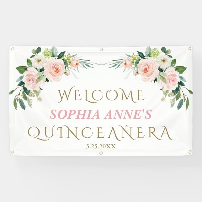 Unique Pink Blush Floral Quinceañera Welcome Sign (Horizontal)