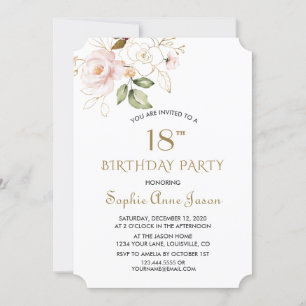 Unique Pink Blush Gold Flowers 18th Birthday Invitation