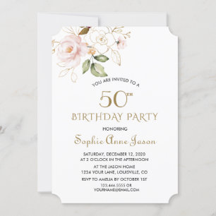 Unique Pink Blush Gold Flowers 50th Birthday Invitation