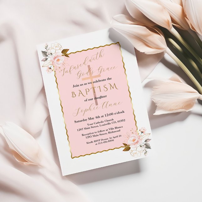 Unique Pink Blush Gold Flowers Girl Baptism Invitation (Creator Uploaded)