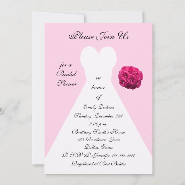Unique Pink Bridal Shower Invitation, Bridal Gown Invitation (Front)