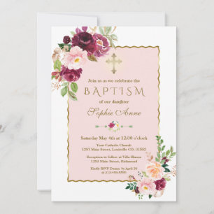 Unique Pink Burgundy Saffron Flowers Gold Baptism Invitation