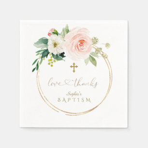 Unique Pink Floral Gold Cross Calligraphy Baptism Napkin