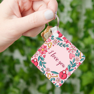 Unique Pink Floral Heart I love You Mothers Day Key Ring