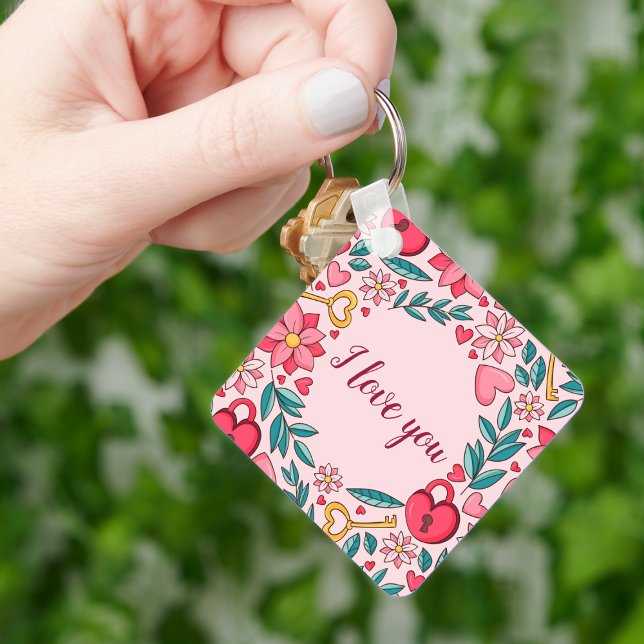 Unique Pink Floral Heart I love You Mothers Day Key Ring (Creator Uploaded)