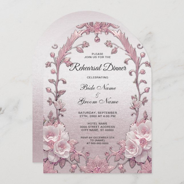 Unique Pink Floral Rehearsal Dinner Invitation (Front/Back)
