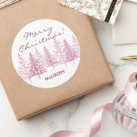 Unique Pink Flowering Trees Christmas Classic Round Sticker<br><div class="desc">Share the joy of Christmas with this unique stickers featuring pink trees on white and a customised joyful message "Merry Christmas".  This pink theme holiday stickers embodie the spirit of the winter season and adds a touch of love to your holiday greetings.</div>