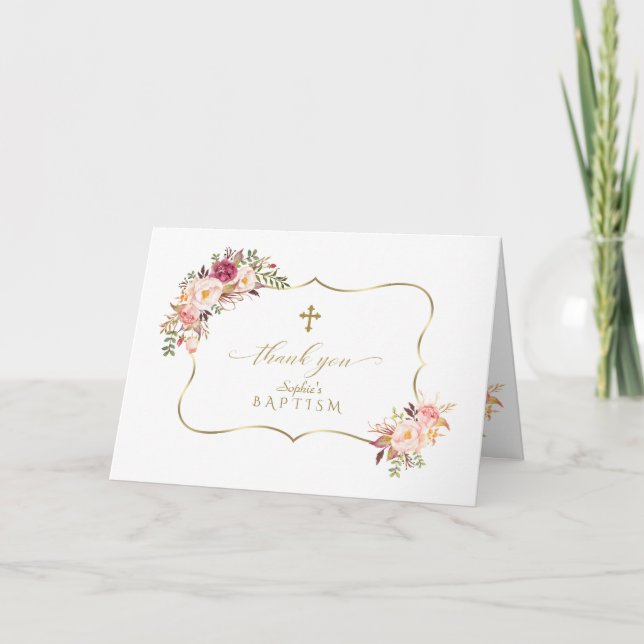 Unique Pink Flowers Frame Gold Cross Baptism Thank You Card (Front)