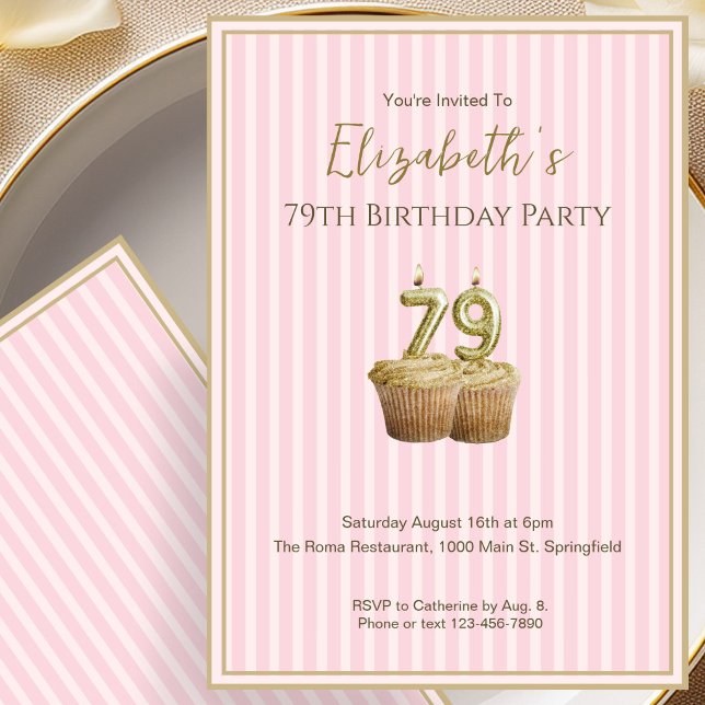Unique Pink Gold 79th Birthday Invitation For Her (Creator Uploaded)