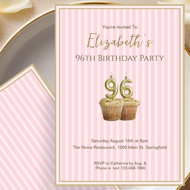 Unique Pink Gold 96th Birthday Invitation For Her (Creator Uploaded)