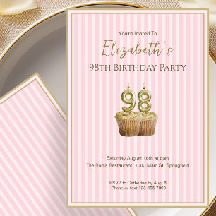 Unique Pink Gold 98th Birthday Invitation For Her