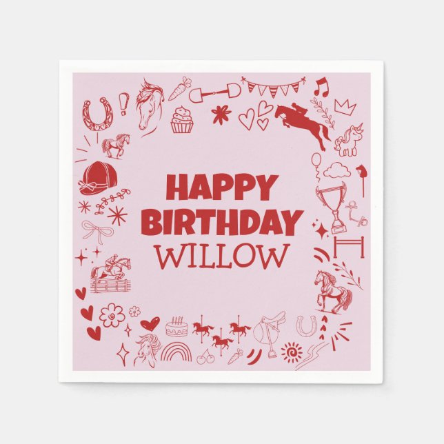 Unique Pink Horse Girl Equestrian Pony Birthday  Napkin (Front)