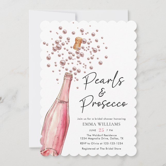 Unique Pink Pearls and Prosecco Bridal Shower Invitation (Front)