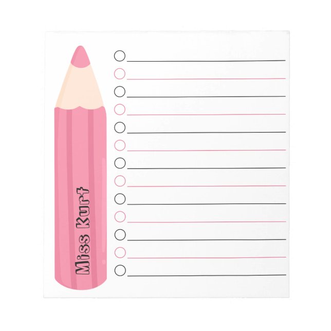 Unique Pink Pencil Lined Personalised Teacher Notepad (Front)