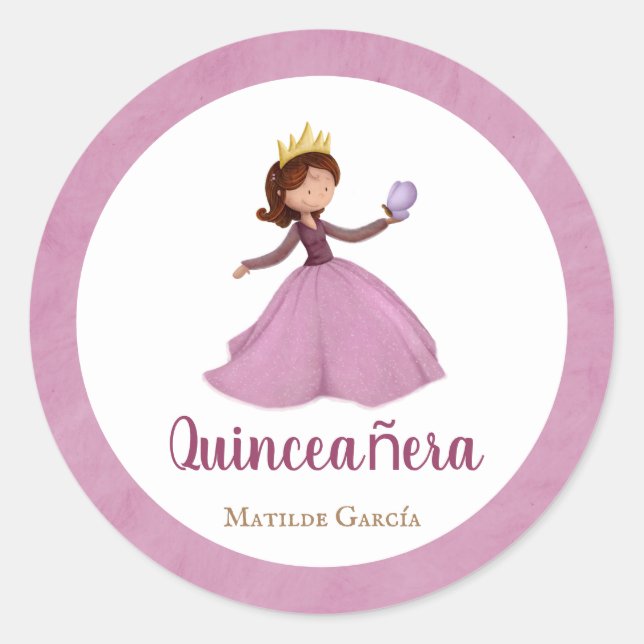 Unique pink princess and butterfly quinceanera classic round sticker (Front)