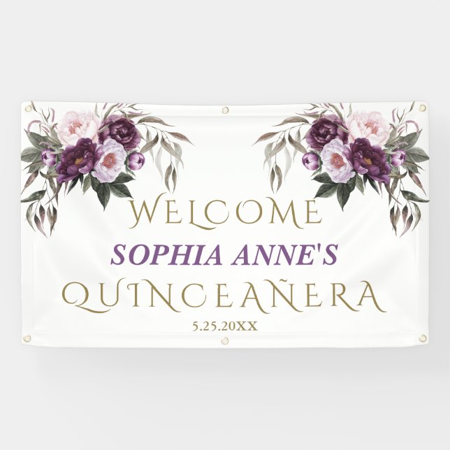 Unique Pink Purple Floral Quinceañera Welcome Sign (Horizontal)