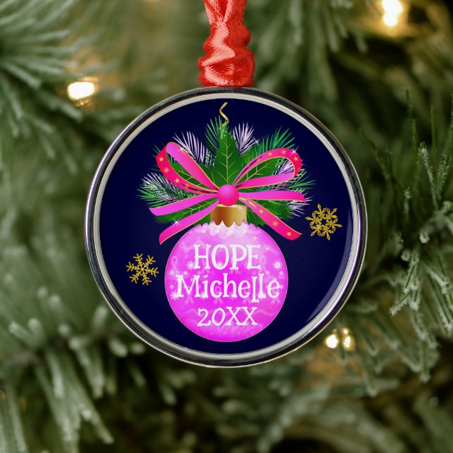 Unique Pink Ribbon Bauble Metal Ornament (Tree)