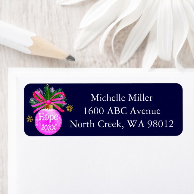 Unique Pink Ribbon Bauble Return Address Label (Insitu)