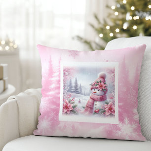 Unique Pink Snowman Christmas Scene Kids Holiday Cushion