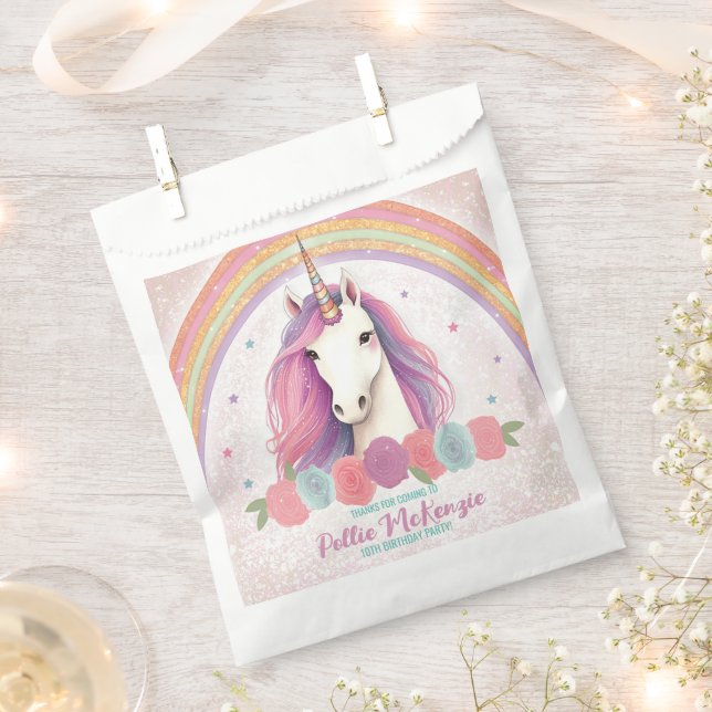 Unique Pink Unicorn, Roses, Rainbow Birthday Favour Bag (Clipped)