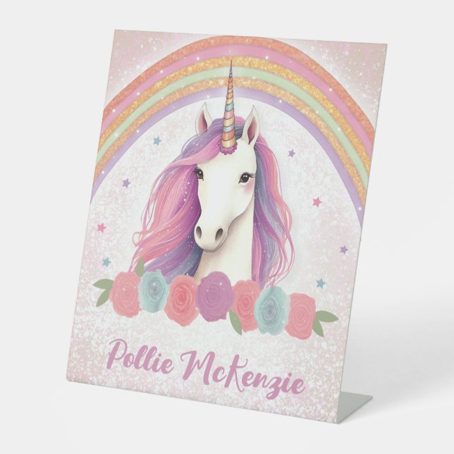 Unique Pink Unicorn, Roses, Rainbow Birthday Pedestal Sign (Front)