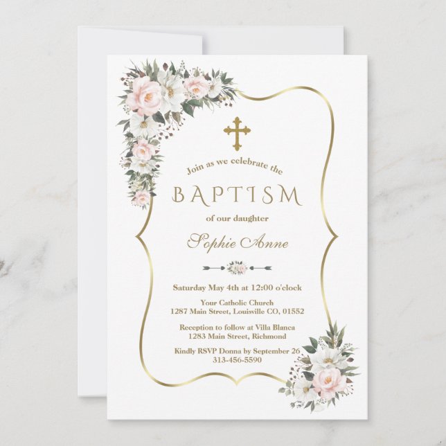 Unique Pink White Flowers Gold Girl Baptism  Invitation (Front)