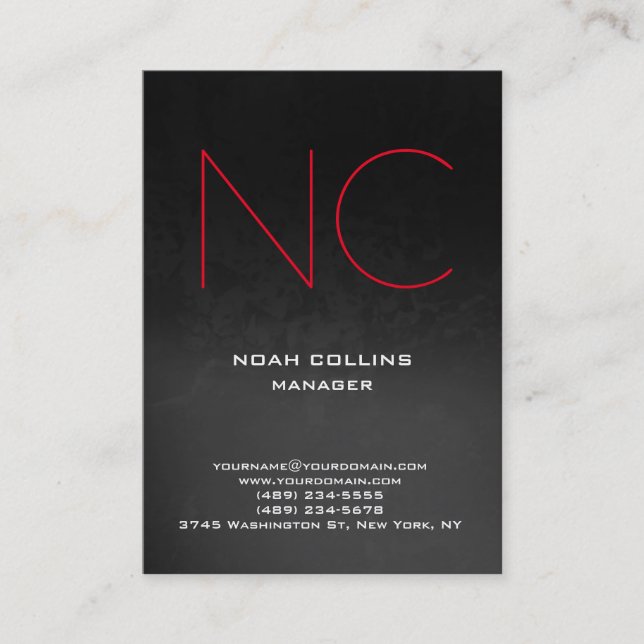 Unique plain simple grey black red monogram business card (Front)