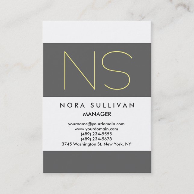 Unique plain simple grey white yellow monogram business card (Front)