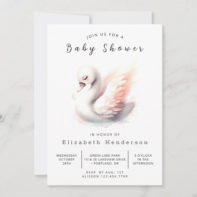 Unique Printable Swan Baby Shower Invitation (Front)