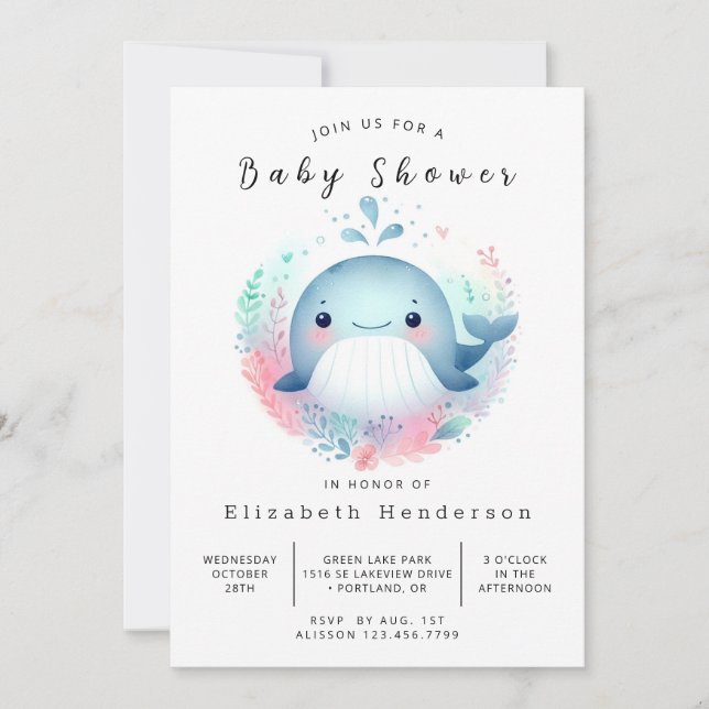 Unique Printable Whale Baby Shower Invitation (Front)