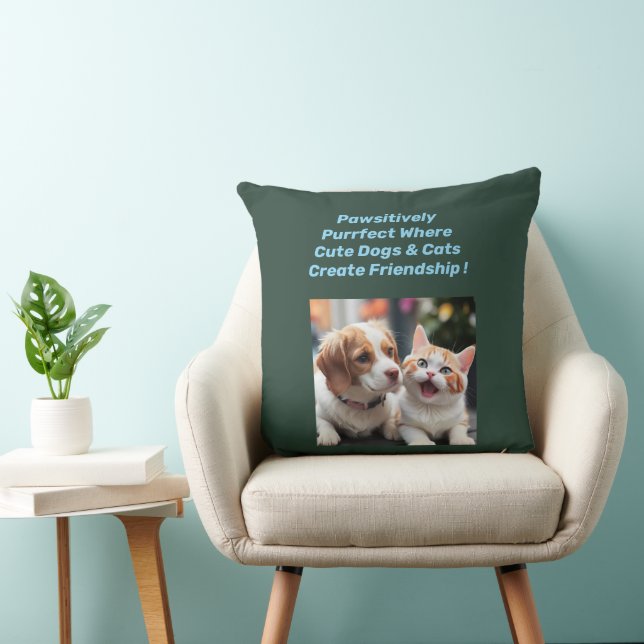 Unique Puppy & Cat Friendship Throw Pillow Design. (Chair)