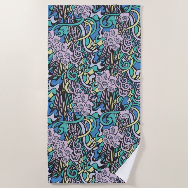 Unique Purple and Blue Floral Pattern Beach Towel (Front)