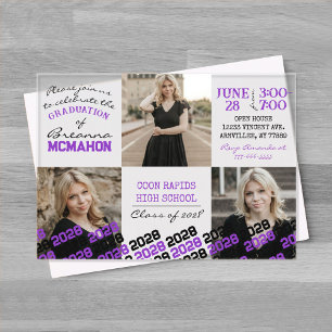 Unique Purple & Black Graduation 3 Photo Frosted  Acrylic Invitations