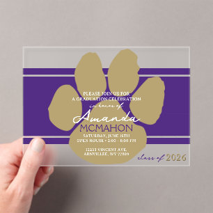 Unique Purple & Bronze Gold Graduation Pawprint Acrylic Invitations
