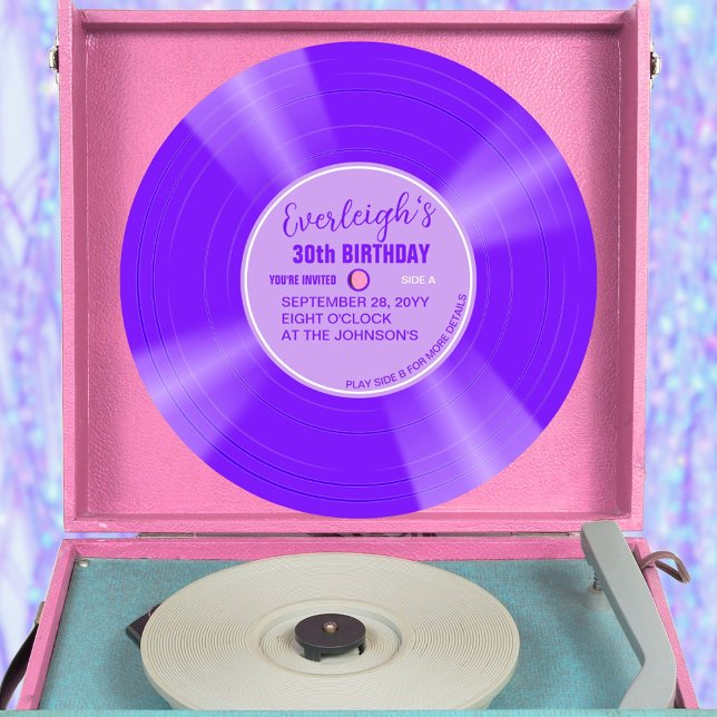 Unique Purple Vinyl Record Birthday Invitation (Purple color vinyl record pop birthday invitation with purple label)