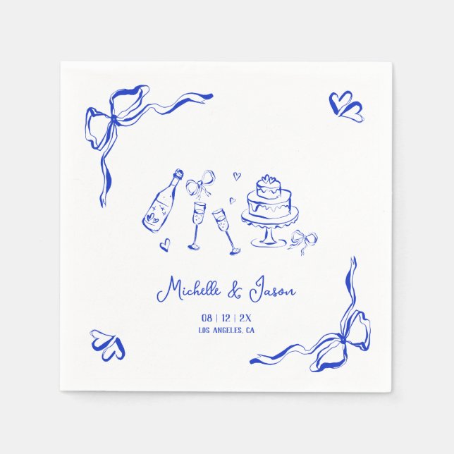 Unique Quirky Hand Drawn Blue French Bow Photo Napkin (Front)
