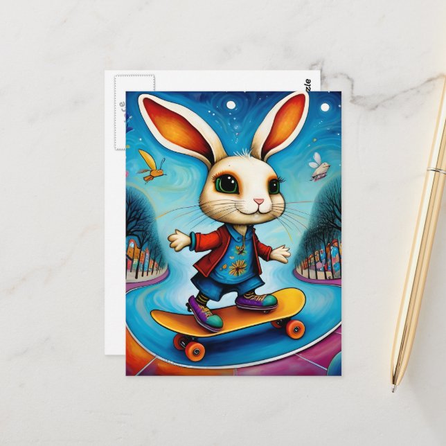 Unique Rabbit Skateboarding Postcard (Front/Back In Situ)