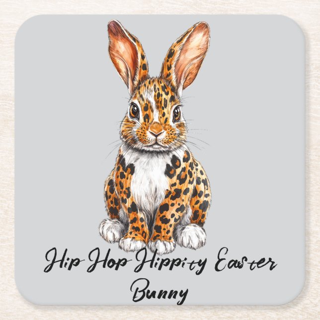 Unique Rabbit with Spotted Leopard Square Paper Coaster (Front)