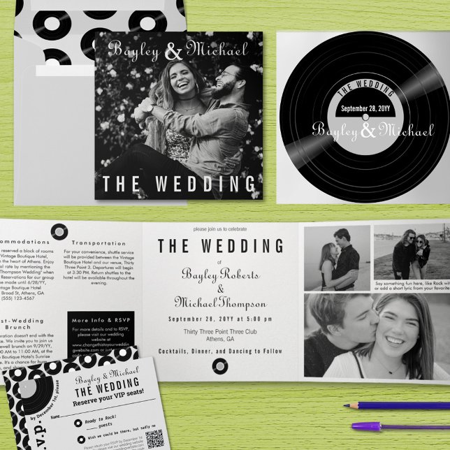 Unique Record Album Cover B&W Photo Wedding  Tri-Fold Invitation (Retro Vinyl record folded album cover wedding invitation with coordinating envelope and RSVP)