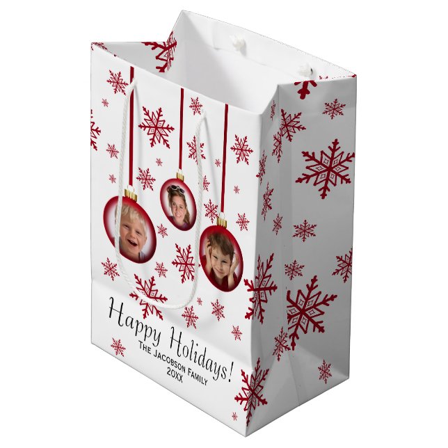 Unique Red Bauble Ornament 3 Photo Christmas Medium Gift Bag (Front Angled)