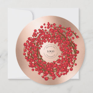 Unique Red Berries Wreath Your Logo Goes here  Holiday Card