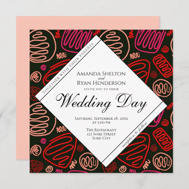 Unique Red Black Abstract One Line Art Wedding Invitation (Front/Back)