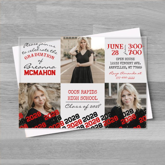 Unique Red & Black Graduation 3 Photo Frosted  Acrylic Invitations (Unique Red and Black Graduation Acrylic Party Invitations)