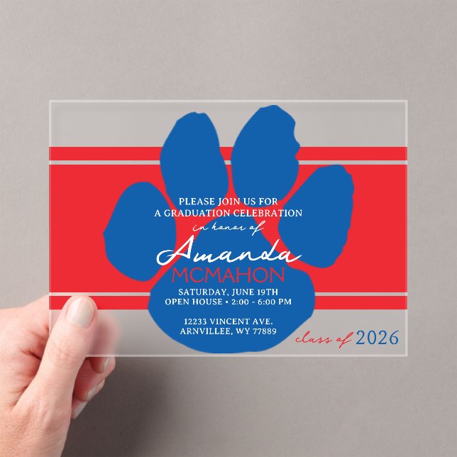 Unique Red & Blue Graduation Pawprint Elegant Acrylic Invitations (Insitu (Handheld))