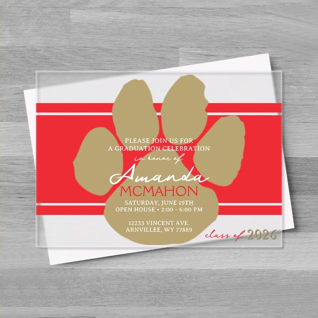 Unique Red & Bronze Gold Graduation Pawprint Acrylic Invitations (Red and Bronze Gold Frosted Acrylic Pawprint Graduation Invitation)