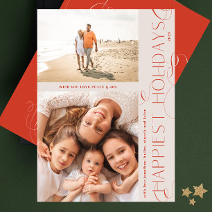 UNIQUE RED CHRISTMAS SWRILS   2 photo FRAME HAPPY Holiday Card