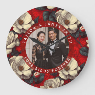 Unique Red Gardenias Aesthetic Vintage Wedding Large Clock