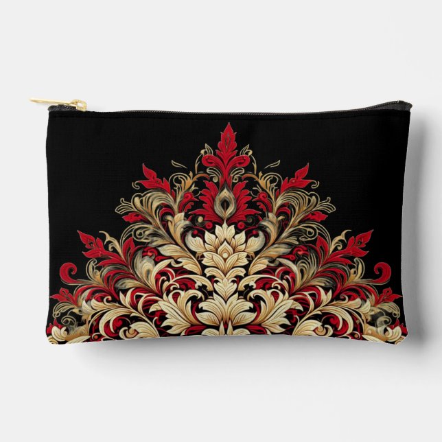 Unique Red Gold and Black Damask style Accessory Pouch (Front)