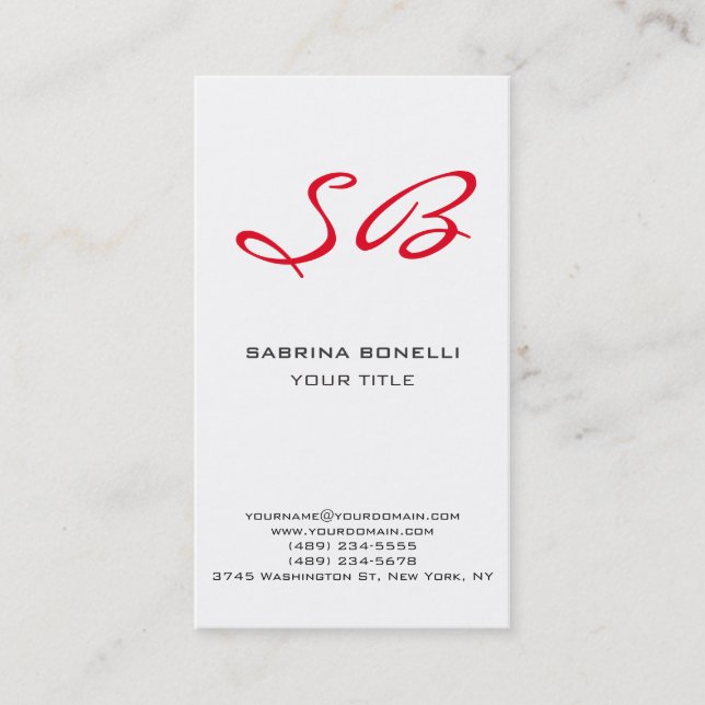 Unique Red Monogram White Cute Business Card (Front)