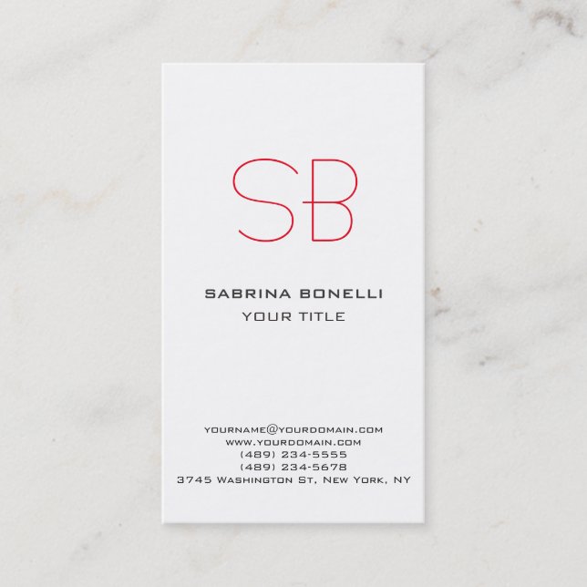 Unique Red Monogram White Cute Business Card (Front)